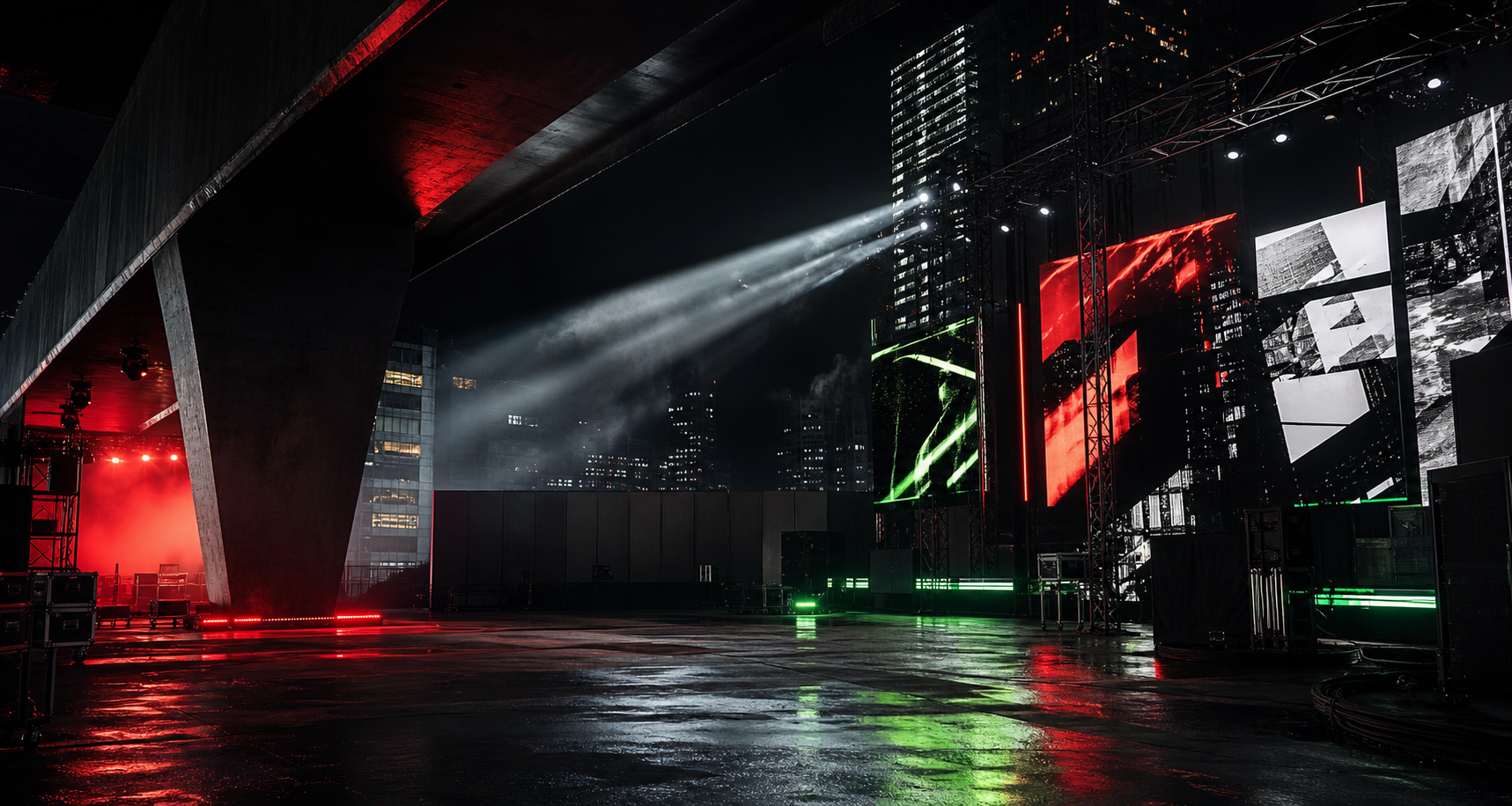 Urban event production stage at night